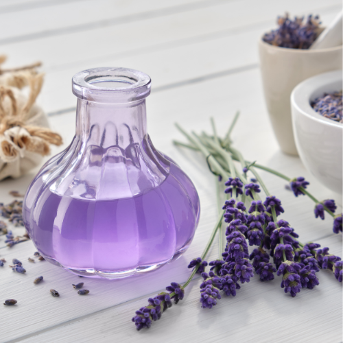 image d'une fiole contenant du liquide violet entourée de lavande 